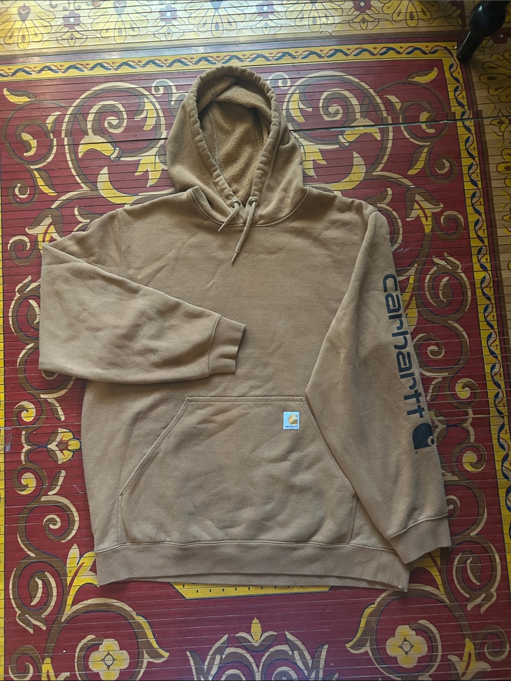 Carhartt Tan Fleece-Lined Hooded Sweatshirt with Sleeve Logo